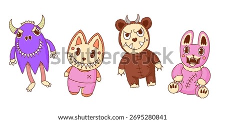 Cute and scary Monster Characters set. Rabbit, cat and bear with claws and horns. Funny mascot kawaii beasts in hand drawn modern style. 