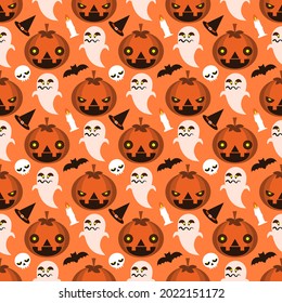 Cute Scary Pumpkin, Ghost, Skull, Candle and Bat Seamless Pattern Background for Halloween.