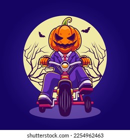 
Cute scary pumpkin riding on bike illustration