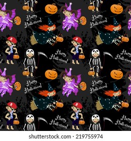 Cute and scary seamless pattern with kids dressed for Halloween 