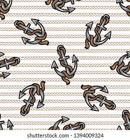 Cute scattered anchor with rope cartoon seamless vector pattern. Hand drawn ocean sailing tile. All over print for seafaring blog, nautical graphic, metal equipment home decor.