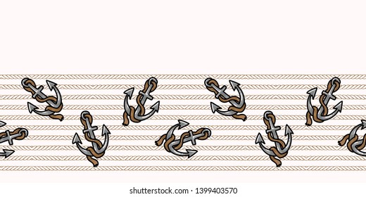 Cute scattered anchor with rope cartoon seamless vector border. Hand drawn ocean sailing tile. All over print for seafaring blog, nautical graphic, metal equipment home decor.