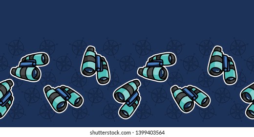 Cute scattered blue binoculars cartoon seamless vector border. Hand drawn field navigation tile. All over print for travelling cartography blog, nautical graphic, discovery equipment home decor.