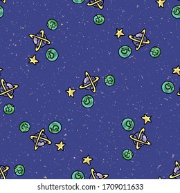 Cute scattered cosmic space background seamless vector pattern. Hand drawn galaxy cartoon, planets, stars for trendy fashion prints. Child room decor, kids universe travel backdrop. All over print.