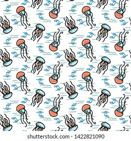 Cute scattered jellyfish cartoon seamless vector pattern. Hand drawn ocean life tile. All over print for seaside blog, nautical graphic, transparent jelly home decor.