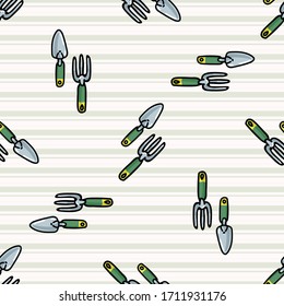 Cute scattered trowel and fork seamless vector pattern. Hand drawn growing garden for stay home illustration. Equipment for botanical agriculture tools all over print background. 