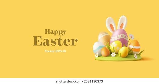 Cute scene for Easter greetings, 3D. Easter eggs, flowers, grass, bunny ears. Modern banner for advertising concepts. Vector