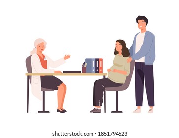 Cute scene with family expecting child visiting doctor isolated on white background. Physician consulting pregnant woman with husband. Vector illustration in flat cartoon style