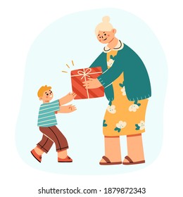 Cute scene of a little boy receiving a holiday gift from his Grandma. Adorable vector illustration in modern cartoon style. Elements are isolated.