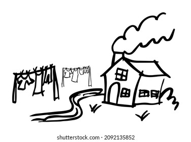 Cute scene with a little house beside a river, with clothes hanging and a smoky chimney. Hand drawn ink strokes style black and white vector illustration. Children style illustration.