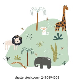 Cute scene with wild animals. Best for wall art, mural and print. Vector hand drawn illustration.