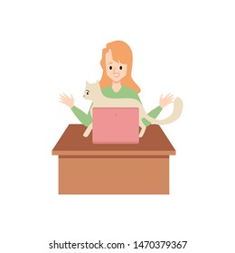 Cute scene of young lady or woman working on a laptop while her cat or kitten trying to get her attention, flat vector illustration isolated on white background.