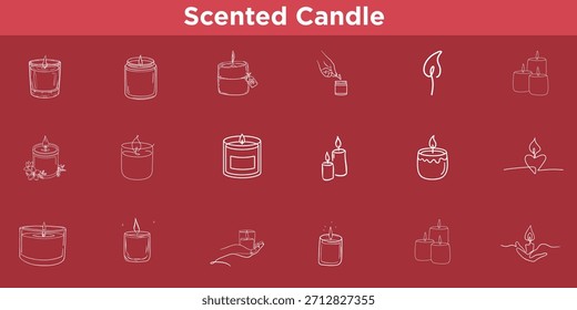 Conjunto de iconos de Vector de velas perfumadas lindas: Kit de arte de línea mínima de pastel, globos, regalos y Elementos de confeti para Boda, compromiso y diseño de invitación de ducha.