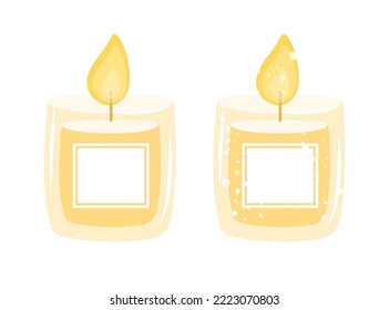 Cute scented candles vector illustration isolated on white background. Hand drawn wax candle in a glass jar. Flat cartoon style. Concept of hygge home decoration, aromatherapy, SPA and relaxation