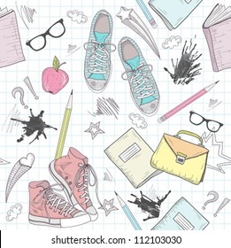 Cute school abstract pattern. Seamless pattern with shoes, bags, glasses, stars, books and ink stains. Fun pattern for teenagers or children.
