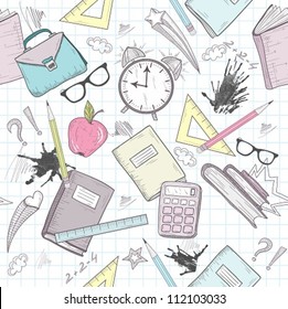 Cute School Abstract Pattern. Seamless Pattern With Alarm Clock, Bags, Glasses, Stars, Books And Ink Stains. Fun Pattern For Teenagers Or Children.