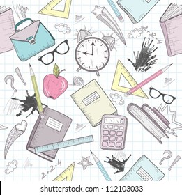 Cute school abstract pattern. Seamless pattern with alarm clock, bags, glasses, stars, books and ink stains. Fun pattern for teenagers or children.