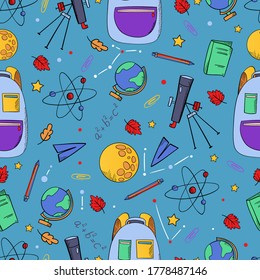 Cute school abstract pattern. Seamless pattern with bags, study supplies, stars, books and stationery. Vector illustration for banner, textile, wrapping.