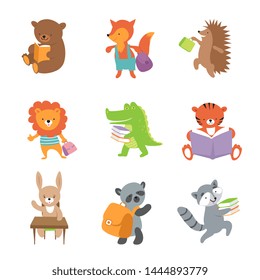 Cute school animals. Bear and fox, lion and crocodile, tiger and panda. Vector school baby animals set. Illustration of bear and crocodile, koala and tiger