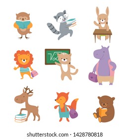 Cute School Animals. Bear Raccoon Lion Hare Hippo Fox, Pupils With Books And Backpacks. Back To School Vector Characters. Illustration Of Animal School Character, Back To Study