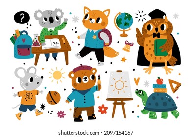 Cute school animals. Kids cartoon characters with educational supplies. Students study or paint. Wise owl in mantle. Turtle with books. Mouse play with soccer ball