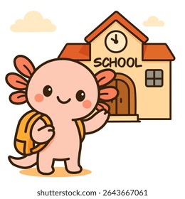 Cute school axolotl with a backpack. Vector illustration.