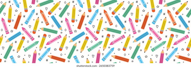 Netter Schulhintergrund mit Zeichentrickstiften und Symbolen. Nahtloses Muster. Banner. Vektorgrafik