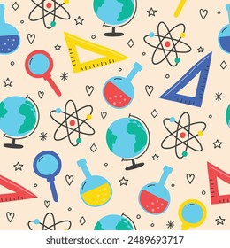 Cute school background with cartoon icons. Seamless pattern. Vector illustration