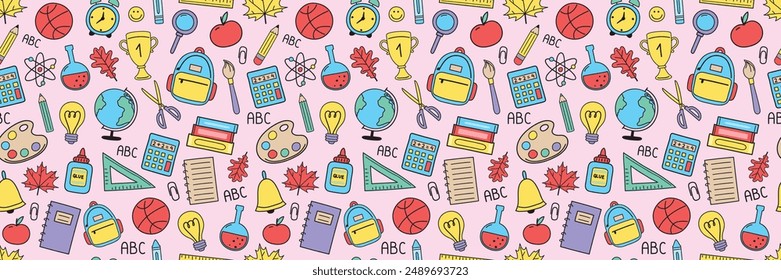 Cute school background with cartoon icons. Seamless pattern. Banner. Vector illustration