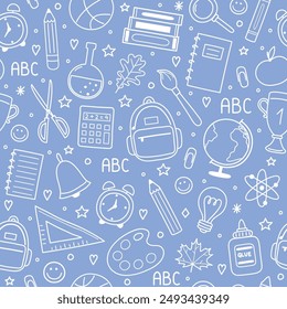 Cute school background with cartoon icons. Seamless pattern. Vector illustration