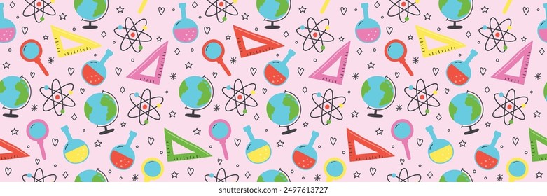 Cute school background with cartoon icons. Seamless pattern. Banner. Vector illustration