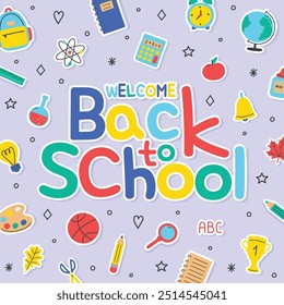 Cute school background with colourful icons. Vector illustration