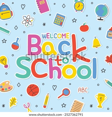 Cute school background with colourful icons. Vector illustration