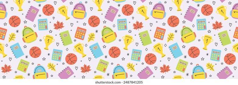 Cute school background with hand drawn icons. Seamless patten design. Banner. Vector illustration