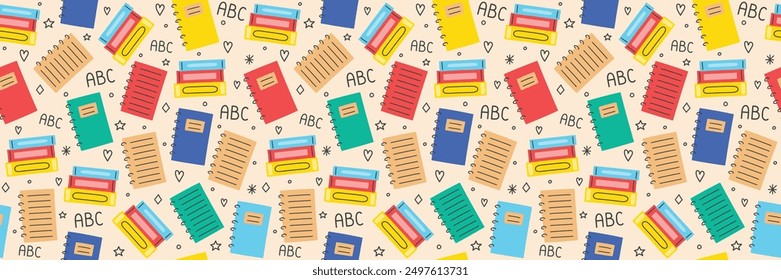 Cute school background with hand drawn books and notebooks. Seamless patten design. Banner. Vector illustration