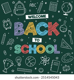 Cute school background with hand drawn icons. Blackboard design. Vector illustration
