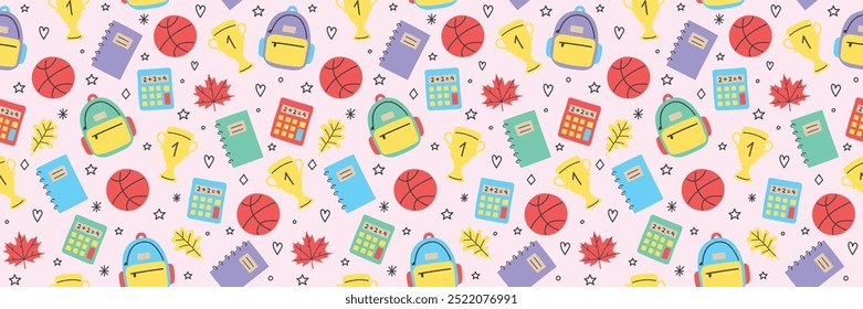 Lindo fondo de la escuela con iconos dibujados a mano. Diseño de patrón sin fisuras. Anuncio. Ilustración vectorial