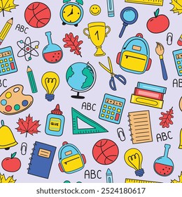 Cute school background with hand drawn icons. Seamless patten design. Vector illustration