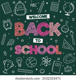 Cute school background with hand drawn icons. Blackboard design. Vector illustration
