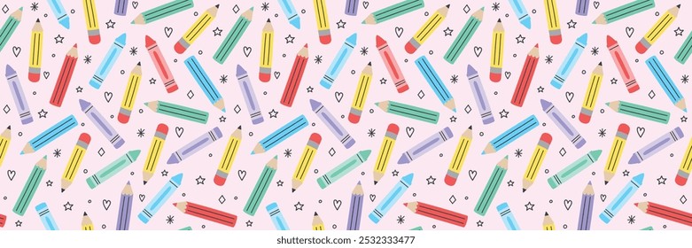 Cute school background with hand drawn crayons. Seamless patten design. Banner. Vector illustration