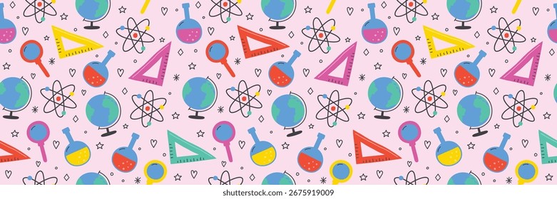 Netter Schulhintergrund mit handgezeichneten Symbolen. Nahtloses Design von Mustern. Banner. Vektorgrafik