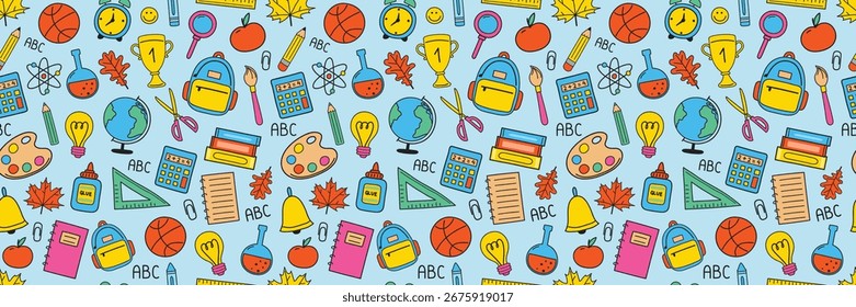 Lindo fondo de la escuela con iconos dibujados a mano. Diseño de patrón sin fisuras. Anuncio. Ilustración vectorial