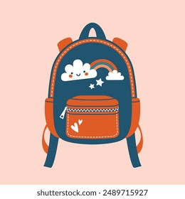 Lindo mochila escolar, bolso con alfileres kawaii, nubes, arco iris, estrellas. De vuelta a la escuela. Precioso Clipart de Vector para tarjeta, Plantilla de Anuncio, cartel, etiqueta, pegatina para el Día del Conocimiento. Escuela primaria.