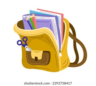 Cute school backpack. Bag for teenager child with school supplies for education and study. Getting Knowledge. Briefcase with books. Cartoon flat vector illustration isolated on white background