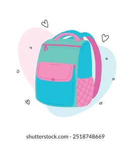Netter Schulrucksack einzeln auf weißem Hintergrund. Für Banner, Aufkleber, Etiketten, Aufkleber. Willkommen zurück in der Schule!