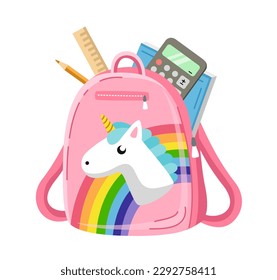 Cute school backpack. Pink bag with unicorn and rainbow for schoolgirl. Accessory with school supplies for lesson. Education and learning. Cartoon flat vector illustration isolated on white background