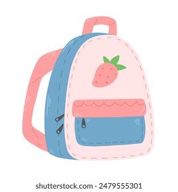 Netter Schulrucksack mit Erdbeere in Cartoon flachen Stil isoliert auf weißem Hintergrund. Vektorillustration.