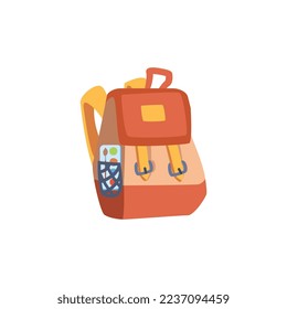 Cute school backpack with watercolors in side pocket flat style, vector illustration isolated on white background. Back to school, design element, textbook bag