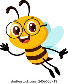 Cute School Bee Cartoon Character Flying And Waving For Greeting. Vector Illustration Flat Design Isolated On Transparent Background