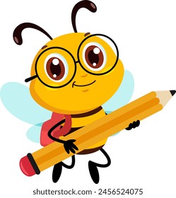 Cute School Bee Cartoon Character Flying With Backpack And Pencil. Vector Illustration Flat Design Isolated On Transparent Background